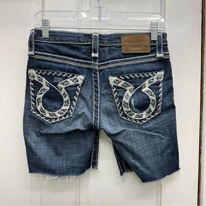 Big Star Liv thick stitch distressed raw hem denim bermuda shorts women's 26 x 7